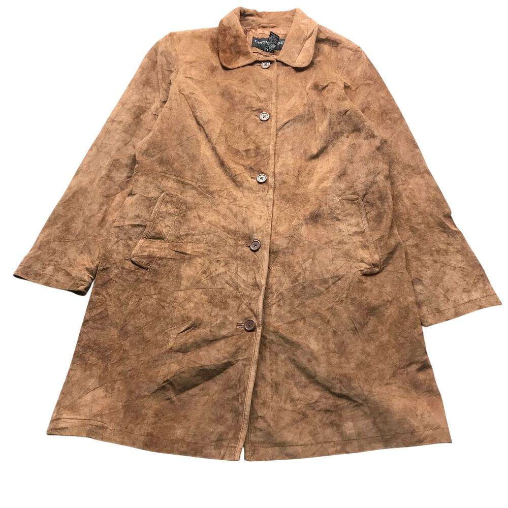 Centigrade Suede Leather Lined Trench Coat Jacket Womens Medium M Pockets Brown